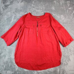 Ellen Tracy Linen Tunic Top XL Red 3/4 Roll Tab Sleeve Lagenlook Hi Low Coastal